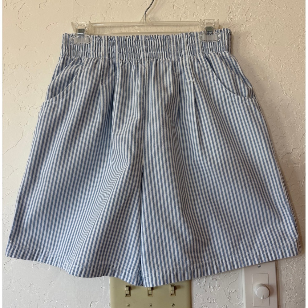 VTG 90s Cherokee Blue White Railroad Pinstripe Elastic Waist Shorts 12 High Rise